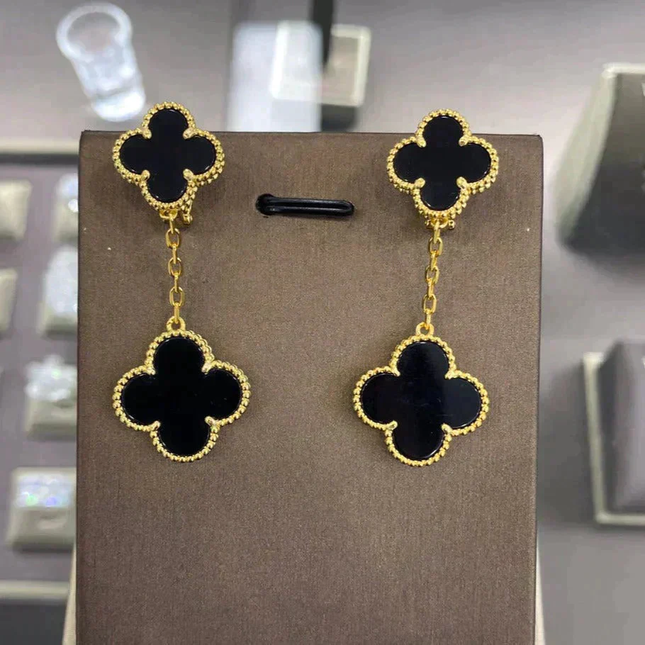 13290707075250049_39785140-189c-42a3-9b94-e6e2766e0fc3.webp CLOVER 2 MOTIFS EARRINGS (MULTIPLE CHOICESC - Gold, Onyx - Image 1