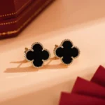 CLOVER MEDIUM 1 MOTIFS ONYX STUD EARRINGS - Gold Rose, 925 Sterling Silver - 18k Gold Plated