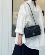 FLAP BAG 25CM SILVER HARDWARE BLACK LAMBSKIN - Image 14
