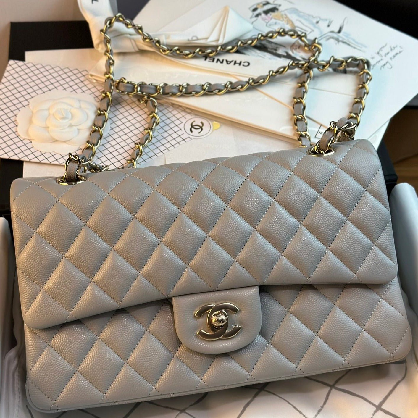 13350819334498152_77375b1f-8a7b-4882-9ba3-9d7f35cec1c8 FLAP BAG 25CM GOLD HARDWARE GREY CAVIAR - Image 1