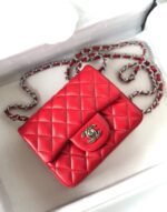 MINI SQUARE FLAP BAG 17CM RED LAMBSKIN SILVER HARDWARE - Image 13