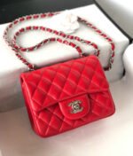 MINI SQUARE FLAP BAG 17CM RED LAMBSKIN SILVER HARDWARE - Image 6