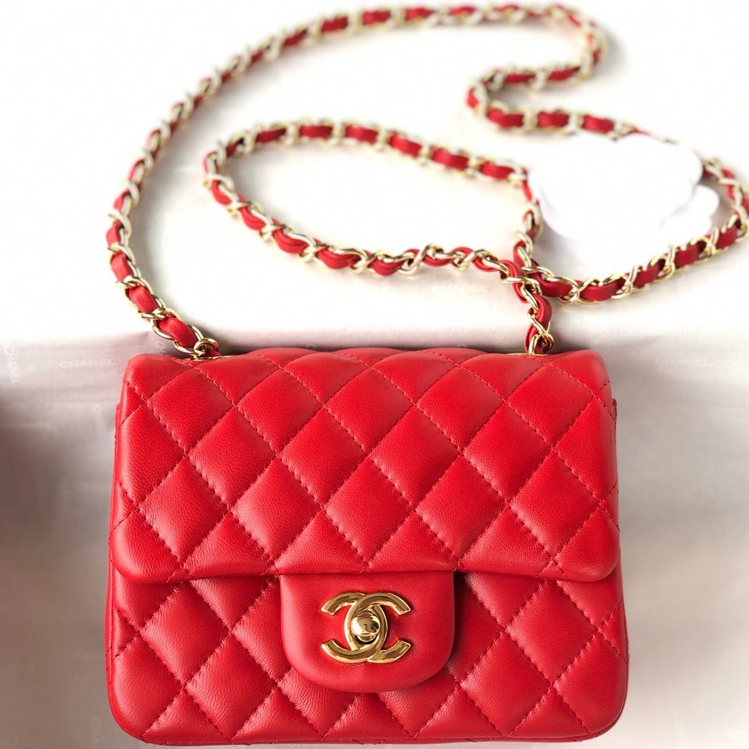 1587292085_1345556991_0_c82a2668-3fb5-401c-b647-6dd436c9f443 MINI SQUARE FLAP BAG 17CM RED LAMBSKIN GOLD HARDWARE - Image 1