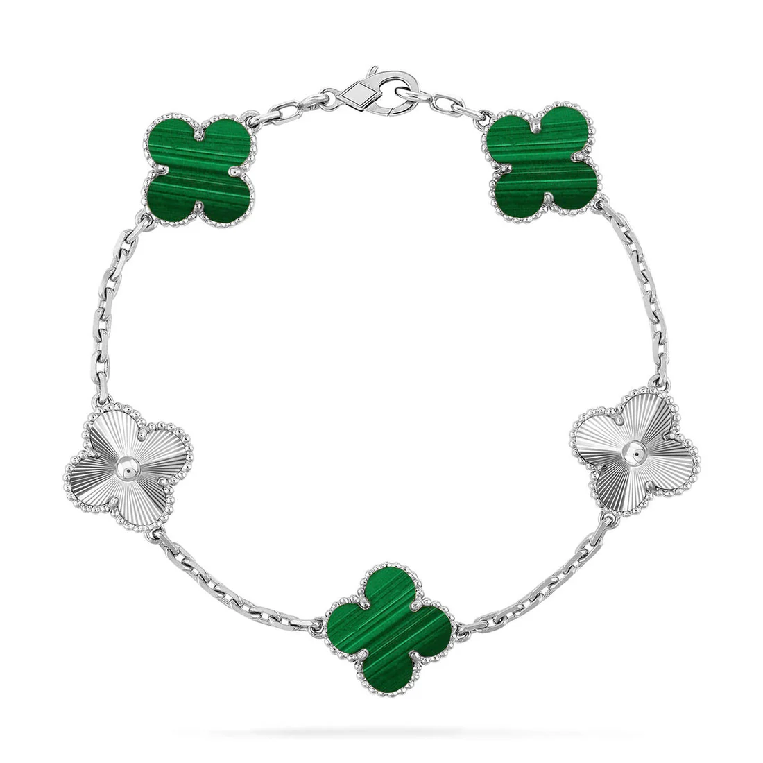 194802020e3379e36b128e991f4f1bed_2f2a8da0-3943-4a3c-b592-cedac43adac7.webp CLOVER 5 MOTIF MALACHITE BRACELET COLLECTION - Silver, Laser - Image 1