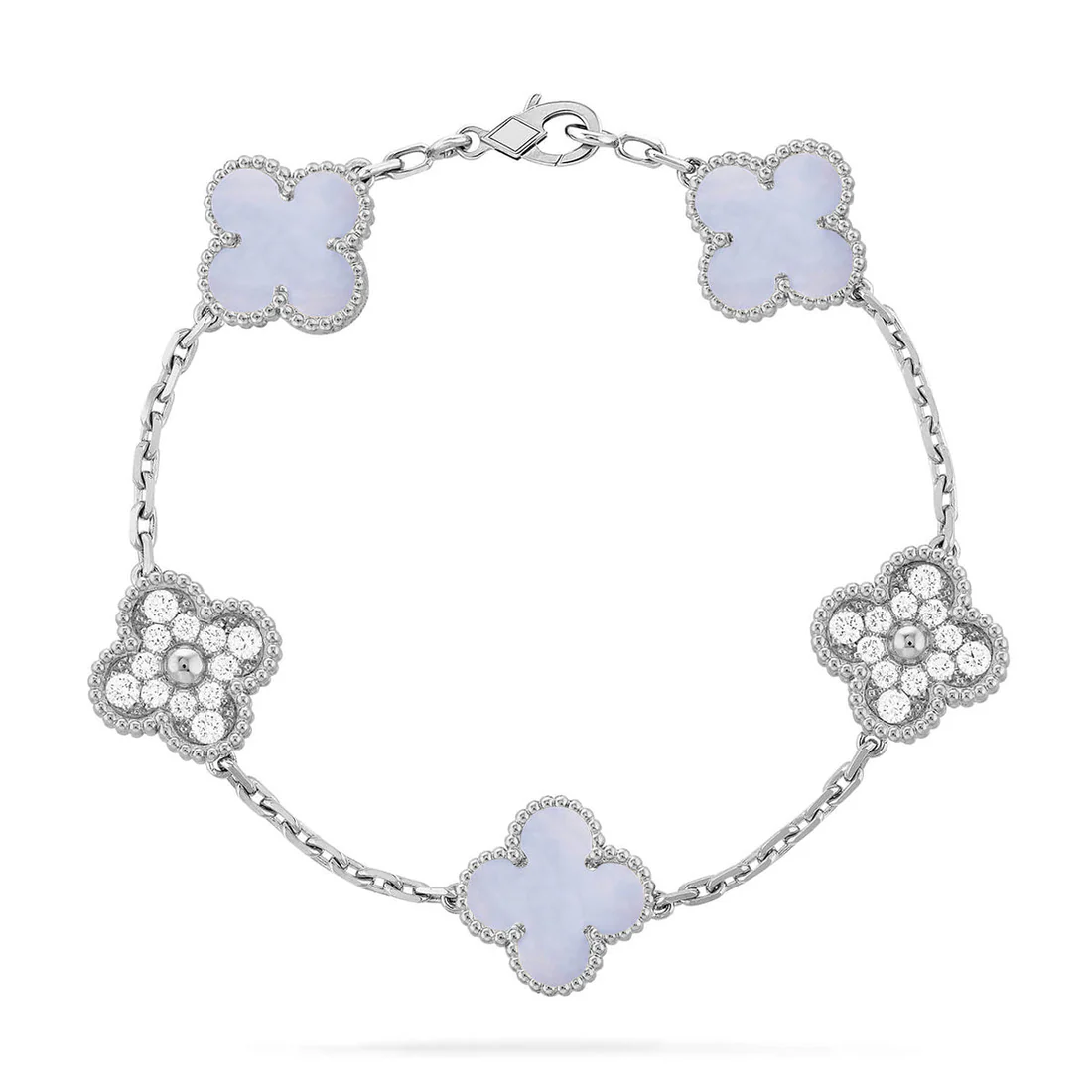 194802020e3379e36b128e991f4f1bed_83a45fd5-cdb4-4d4a-aaa8-3eda744293be.webp CLOVER 5 MOTIF PURPLE CHALCEDONY BRACELET COLLECTION - Silver-Diamond, 19 - Image 1