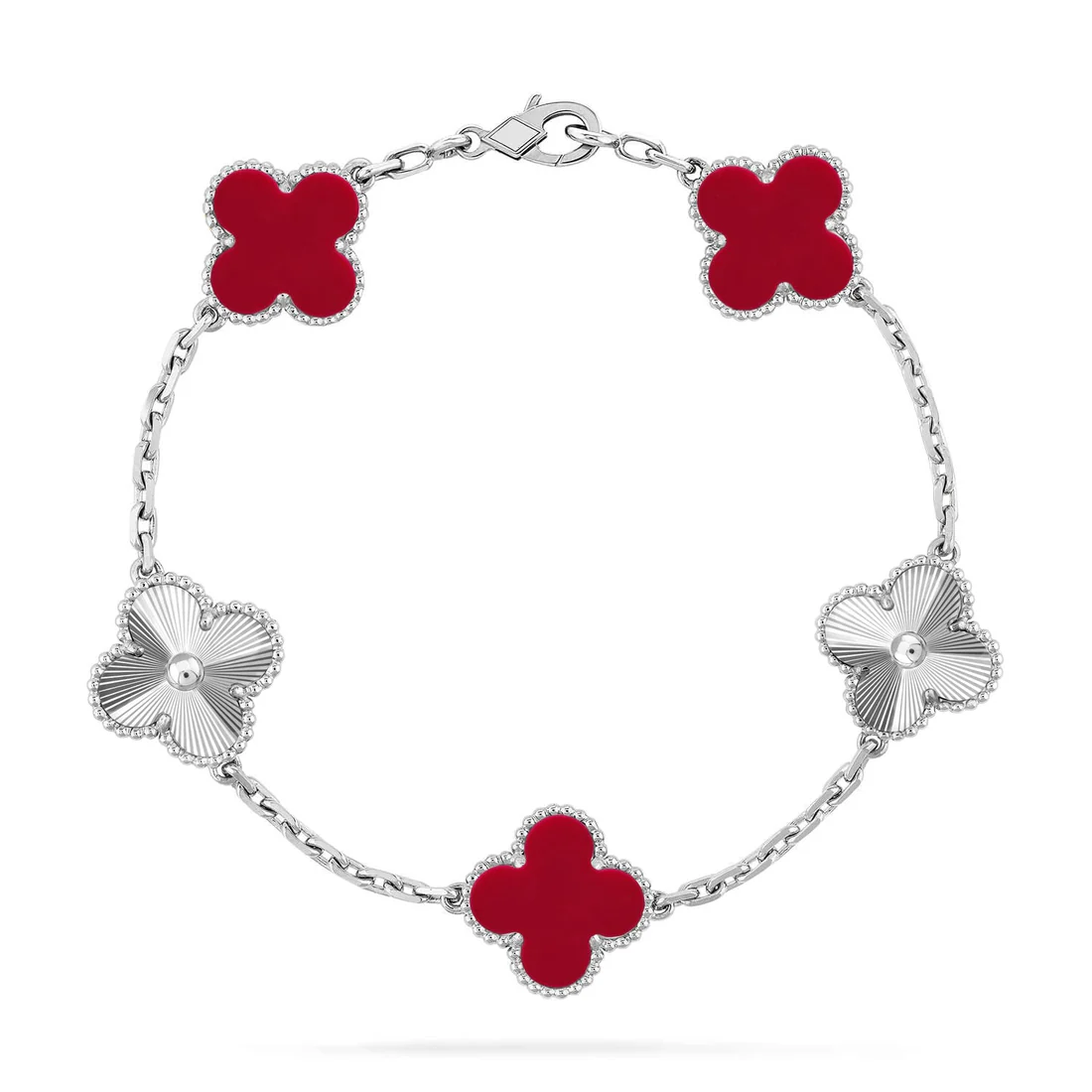 194802020e3379e36b128e991f4f1bed_a44db7aa-c6f3-44cd-87bf-71389ad42577.webp CLOVER 5 MOTIF RED CORNELIAN BRACELET COLLECTION - Silver, Laser - Image 1
