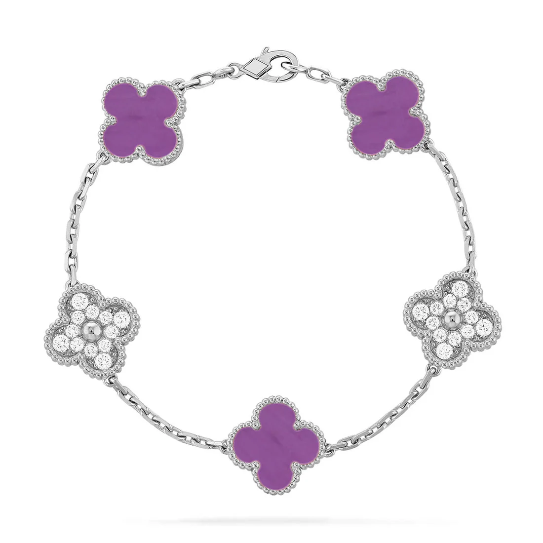 194802020e3379e36b128e991f4f1bed_c63f087a-85d5-4a19-a25f-821ef3e7f296.webp CLOVER 5 MOTIF VIOLET BRACELET COLLECTION - Silver-Diamond, 19 - Image 1