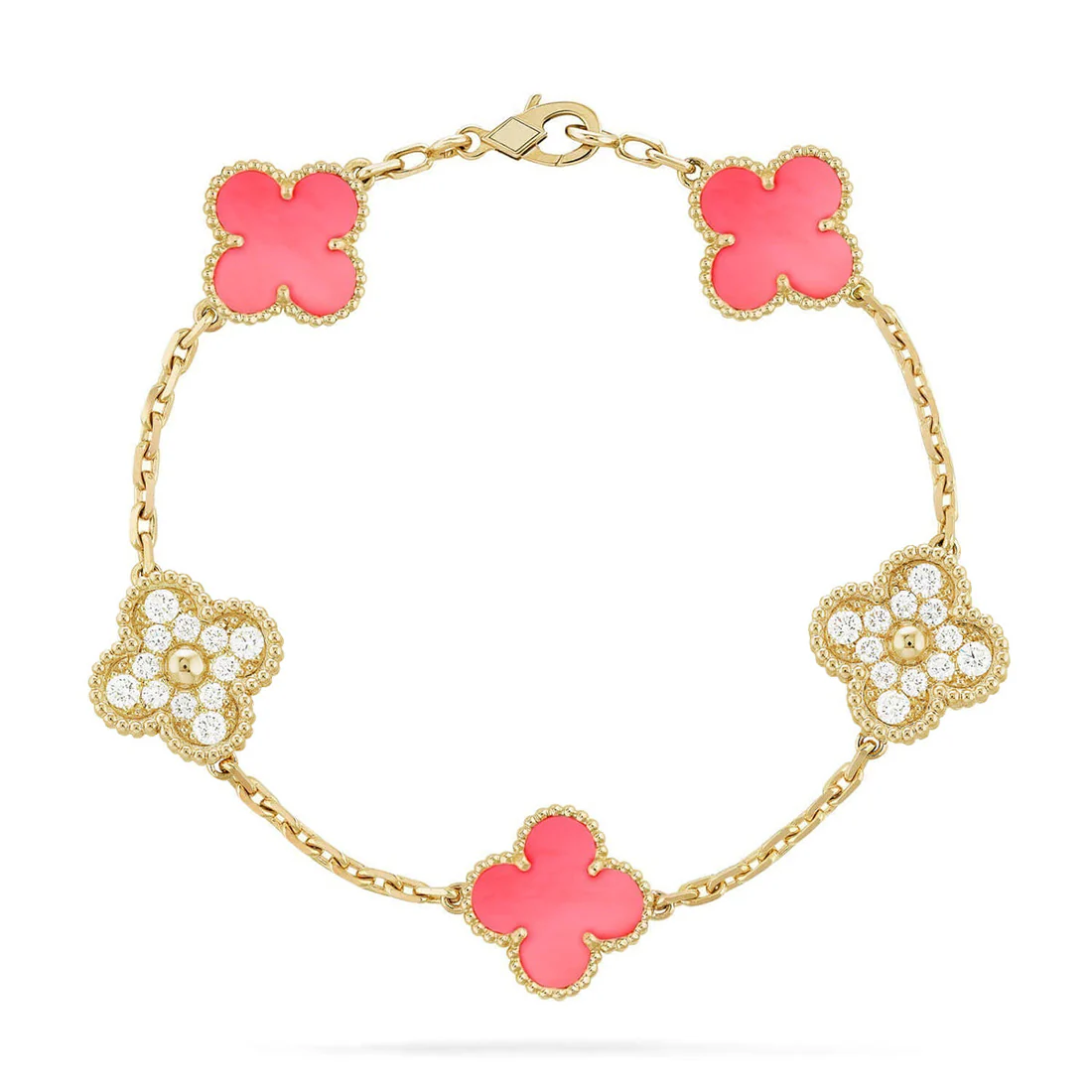 20260115-141649.webp CLOVER 5 MOTIFS PINK MOP BRACELET COLLECTION - Gold-Diamond, 19 - Image 1