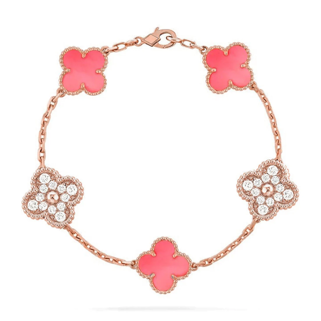 2_33db010f-d517-4f7a-a52a-b2cdb3703718.webp CLOVER 5 MOTIFS PINK MOP BRACELET COLLECTION - Rose-Diamond, 19 - Image 1
