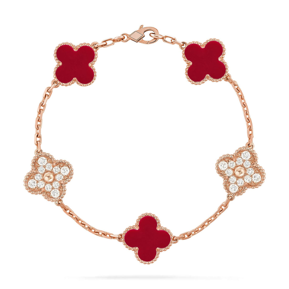 2_62e2bd4b-d2dc-41ab-b1e5-803cb4.png CLOVER 5 MOTIF RED CORNELIAN BRACELET COLLECTION - Rose, Diamond - Image 1