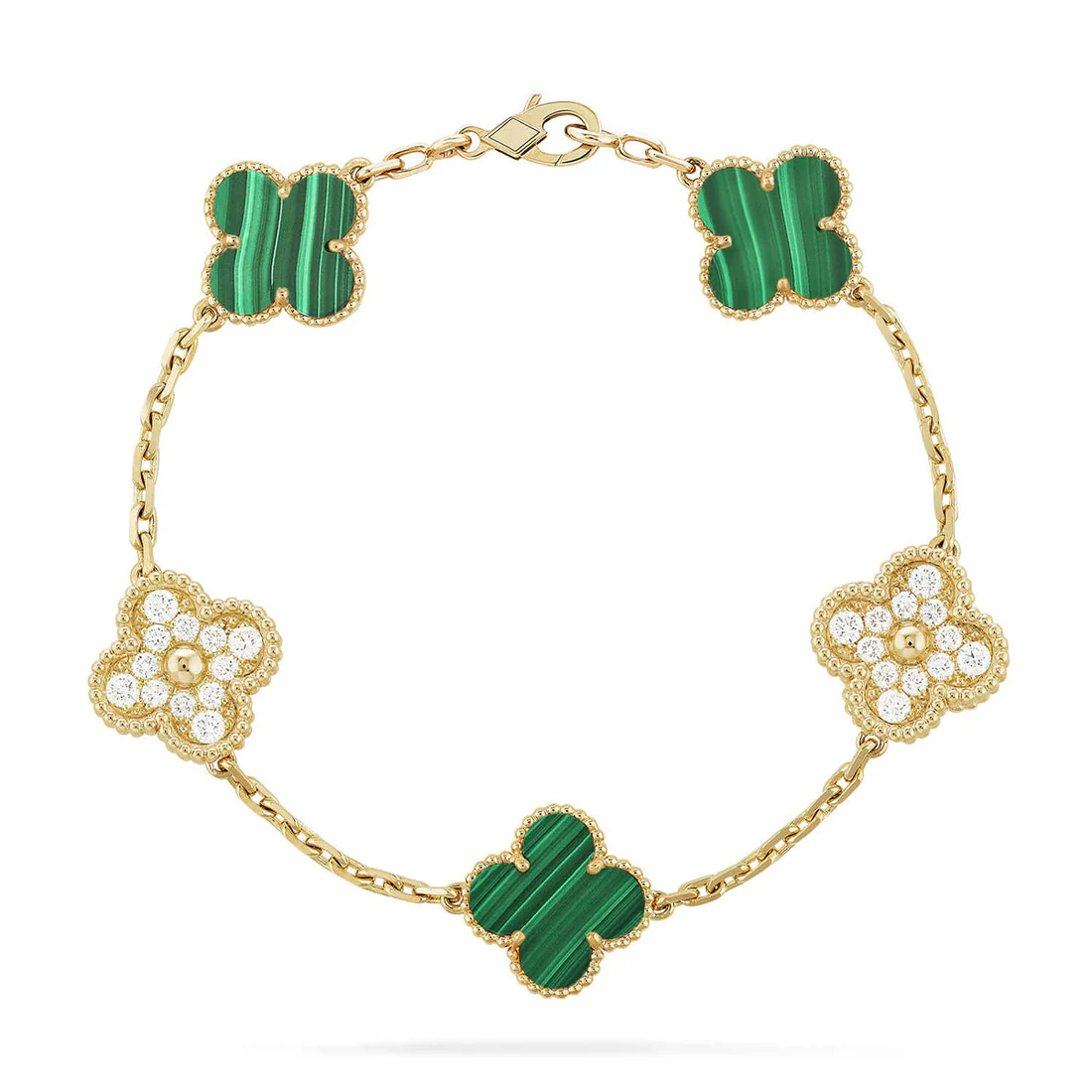 2_bec4fd1c-8272-4f11-810c-da98bbfce149.webp CLOVER 5 MOTIF MALACHITE BRACELET COLLECTION - Gold,, Diamond - Image 1