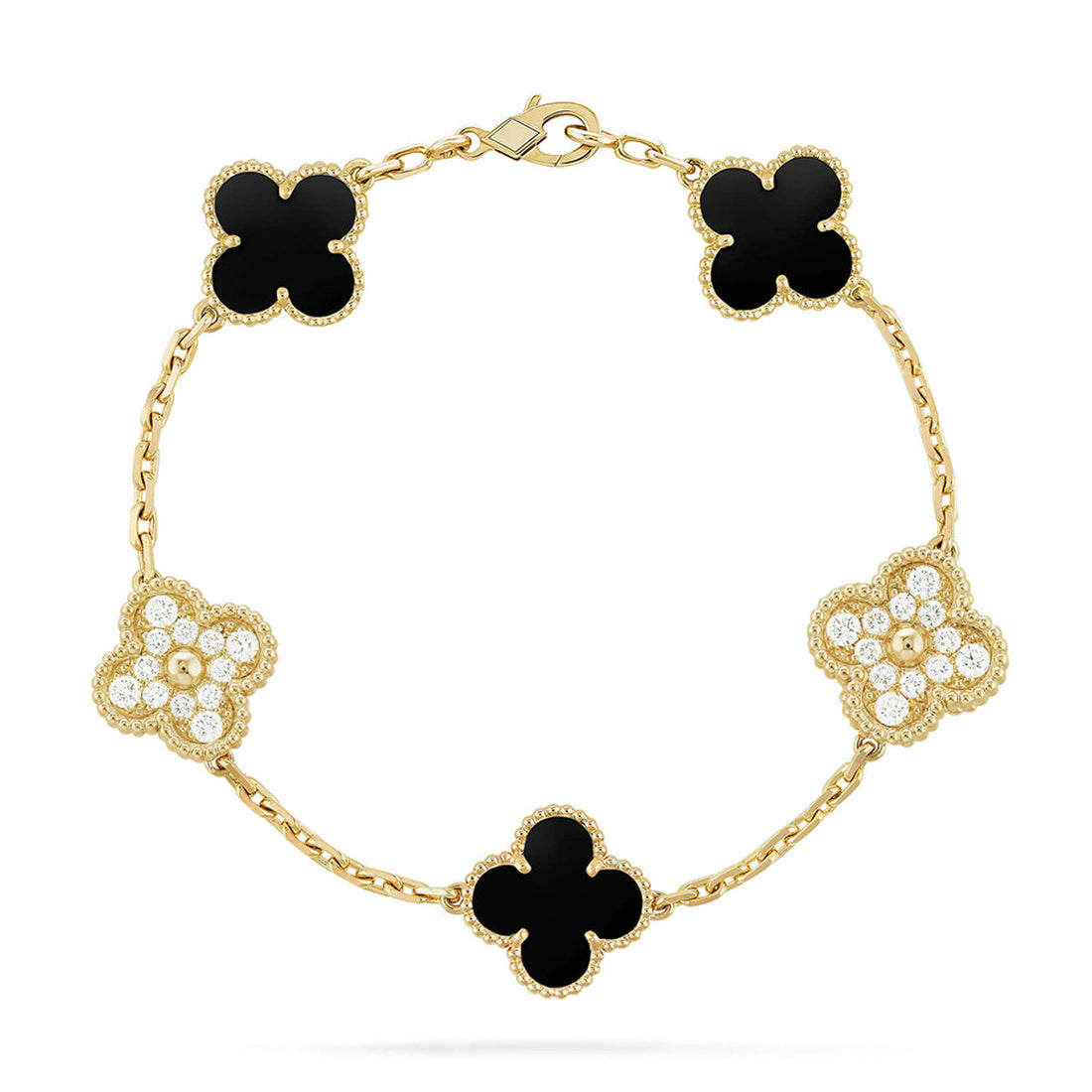 2_cd34e820-13b9-4851-ac52-112432.png CLOVER 5 MOTIF ONYXS BRACELET COLLECTION - Gold,, Diamond - Image 1