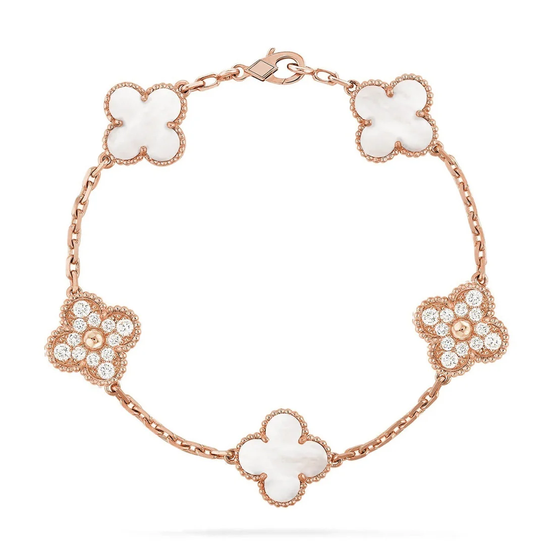 3a70c816181a69dcf3589cc5fccf4bc3_0f445b7f-a2c8-496f-871e-9f803121d1cd.webp CLOVER WHITE PEARL MOP 5 MOTIF BRACELET COLLECTION - Rose-Diamond, 19 - Image 1