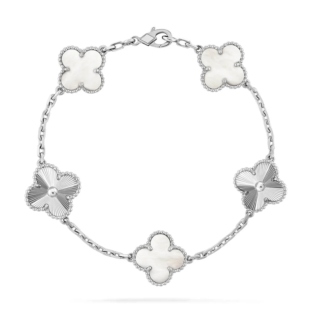 94c2558a604b8dbcbafdfbe57abae0e6_0e1548bd-d4ee-4fb8-b62d-cd73add7dd66.webp CLOVER WHITE PEARL MOP 5 MOTIF BRACELET COLLECTION - Silver-Laser, 19 - Image 1