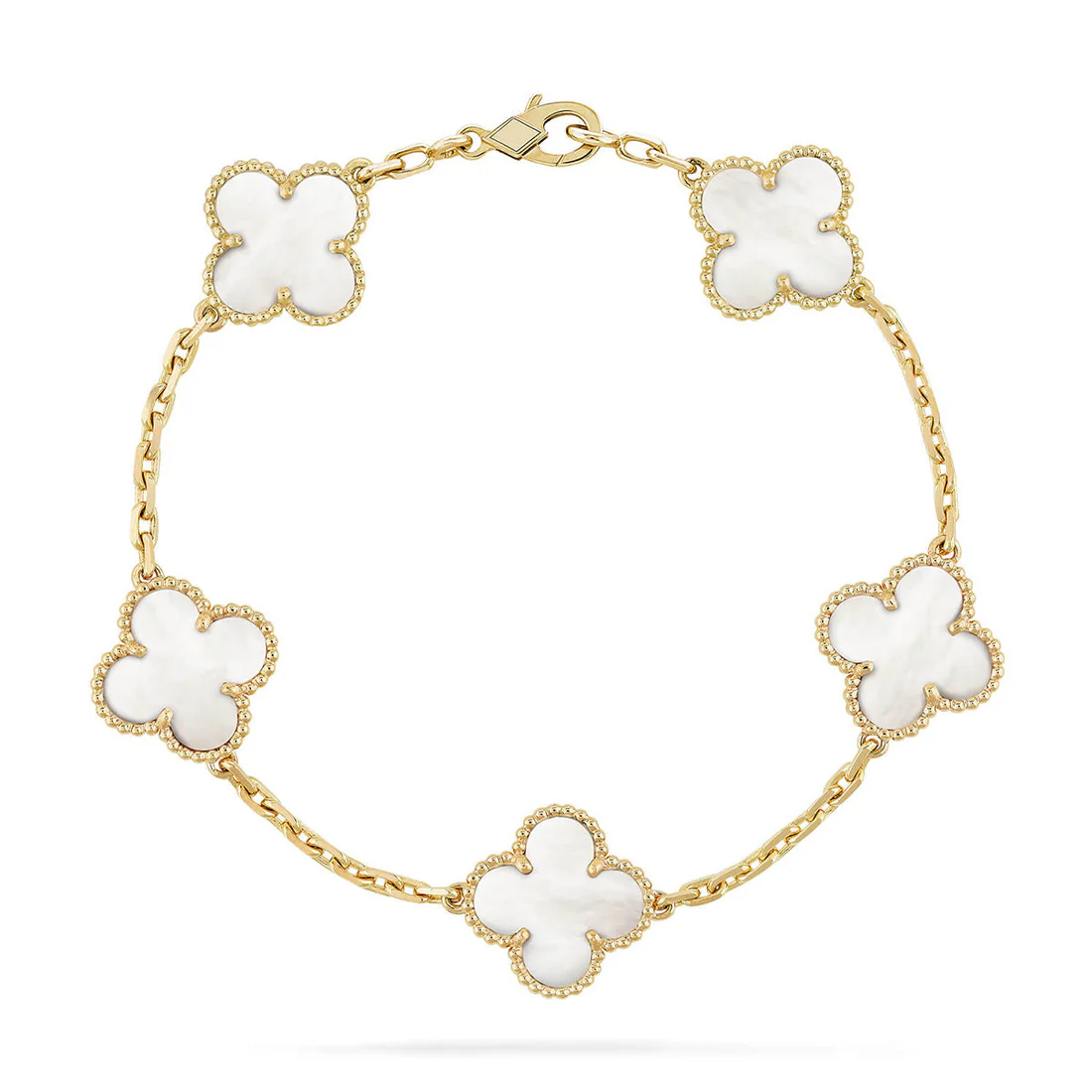 94f993012a0d89f64139ae94d2dfa548.webp CLOVER WHITE PEARL MOP 5 MOTIF BRACELET COLLECTION - Gold, 19 - Image 1