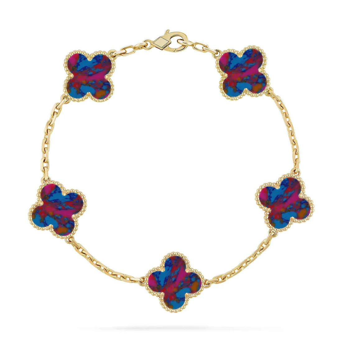 94f993012a0d89f64139ae94d2dfa548_d8a2695f-dadb-479e-b205-7c800a9c49e4.webp CLOVER 5 MOTIF COLOR GEMSTONES BRACELET COLLECTION - Gold, 19 - Image 1
