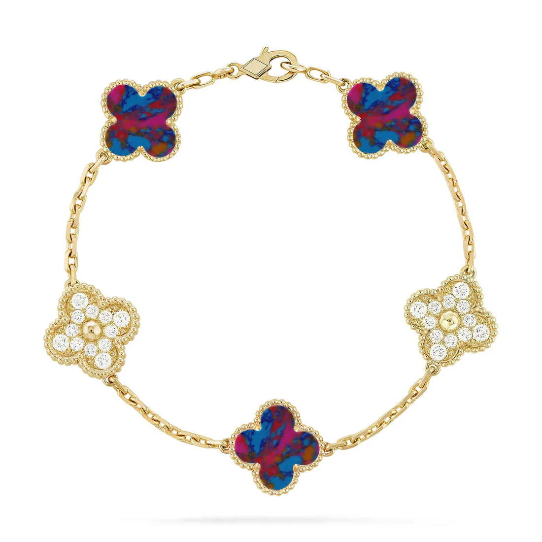 9f84a2de12ce35231c8390d80f3104c3_6abbe60e-a3d2-4e5b-b706-45aa3bf56d04.webp CLOVER 5 MOTIF COLOR GEMSTONES BRACELET COLLECTION - Gold-Diamond, 19 - Image 1