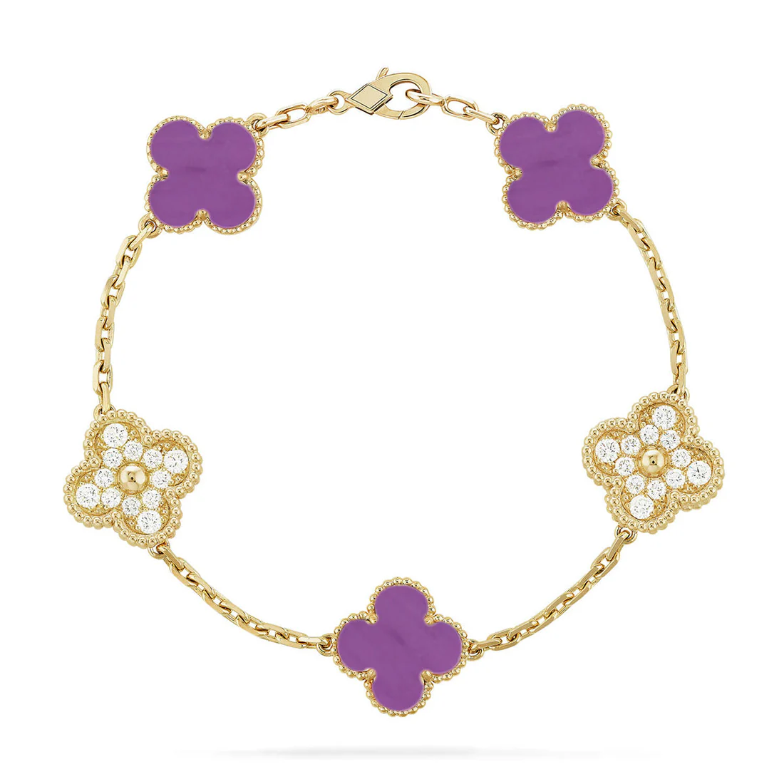 9f84a2de12ce35231c8390d80f3104c3_c553d2ee-6fc5-47bb-9517-b56d1a7db4dd.webp CLOVER 5 MOTIF LIGHT PURPLE BRACELET COLLECTION - Gold-Diamond, 19 - Image 1