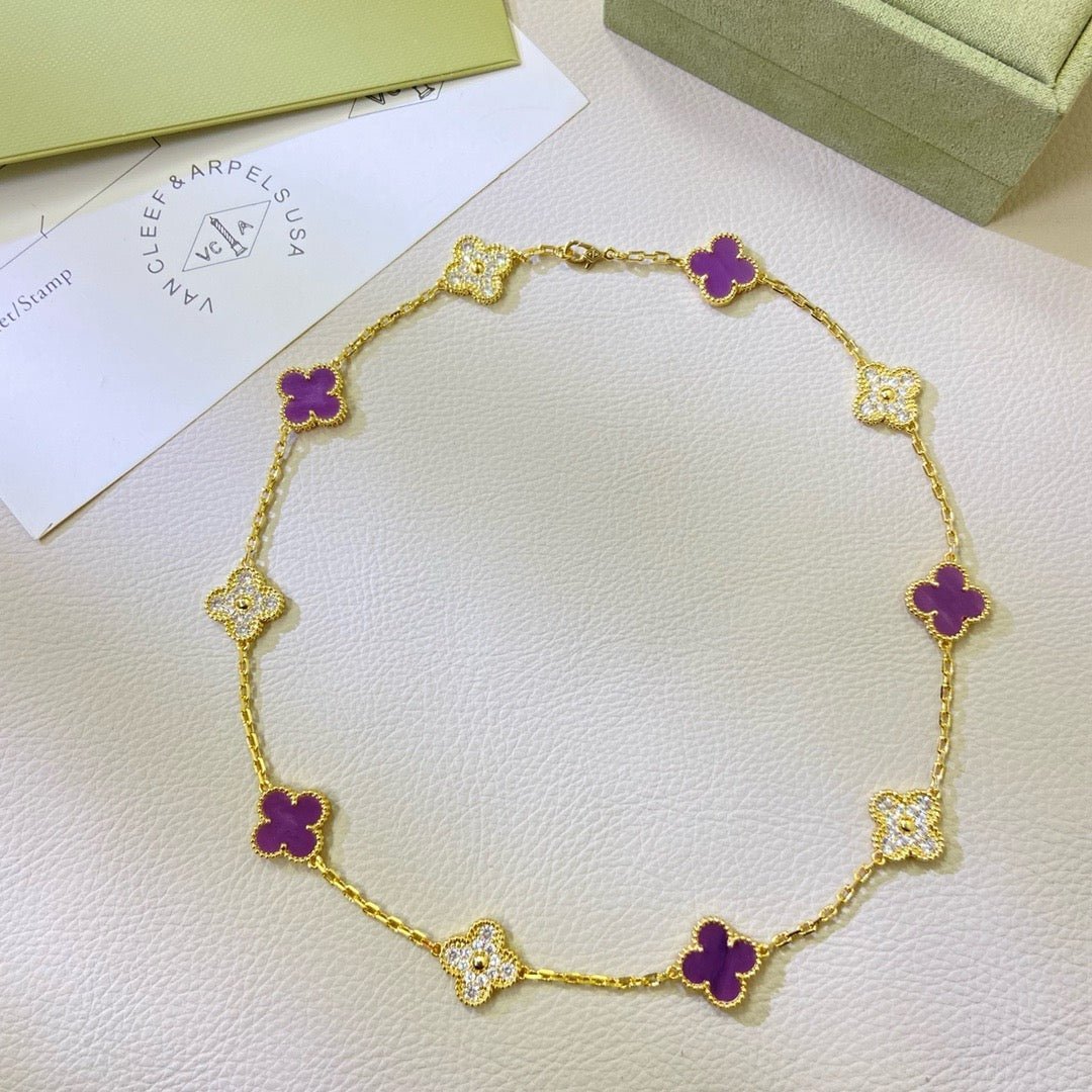 IMG_6191.jpg CLOVER 10 MOTIFS PURPLE VIOLET DIAMOND NECKLACE - Gold - Image 1