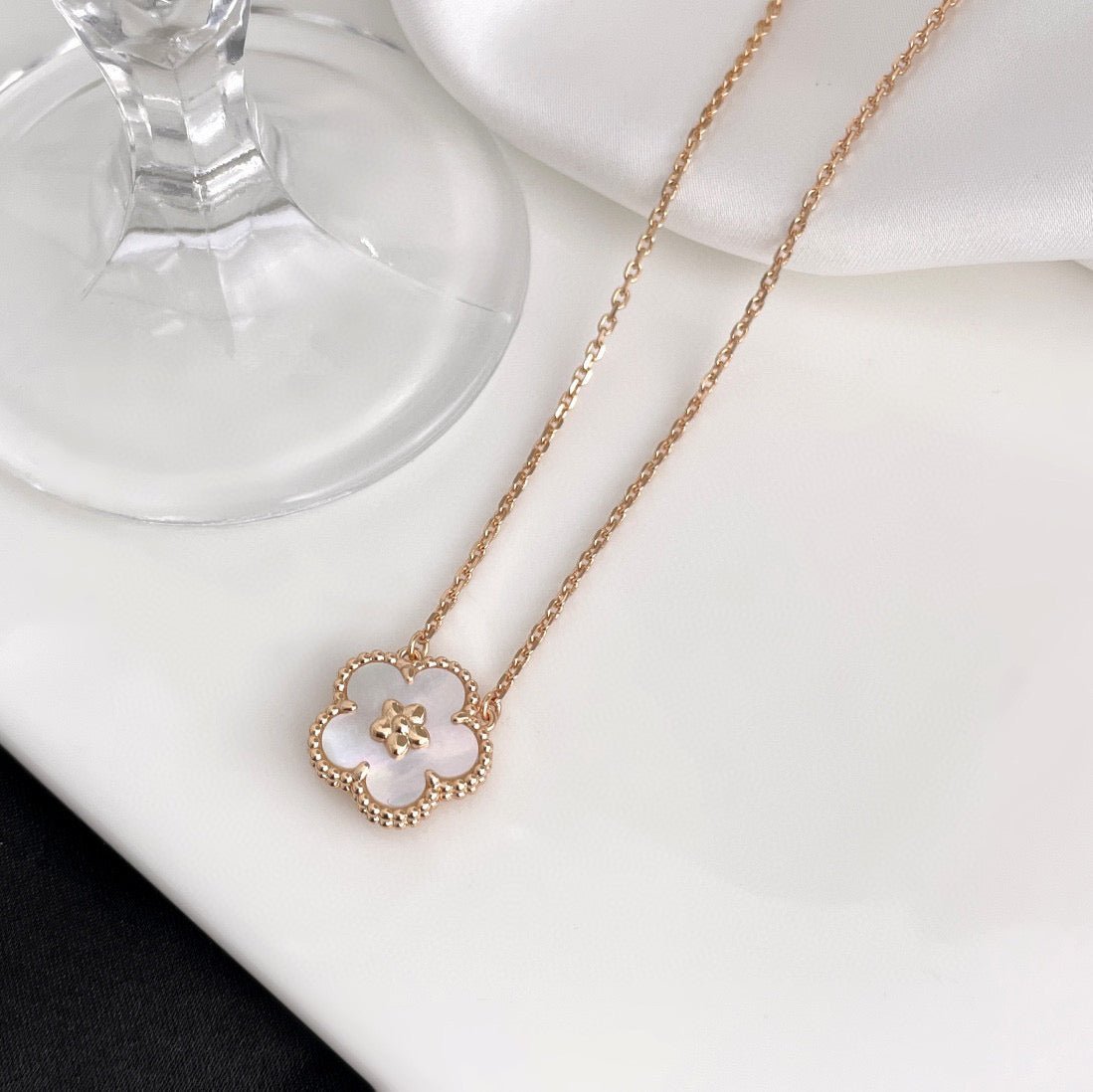 IMG_6910_5df45f82-049f-4a80-b040-4fdc98030162-1.jpg LUCKY WHITE MOP PLUM BLOSSOM NECKLACE - Rose Gold - Image 1
