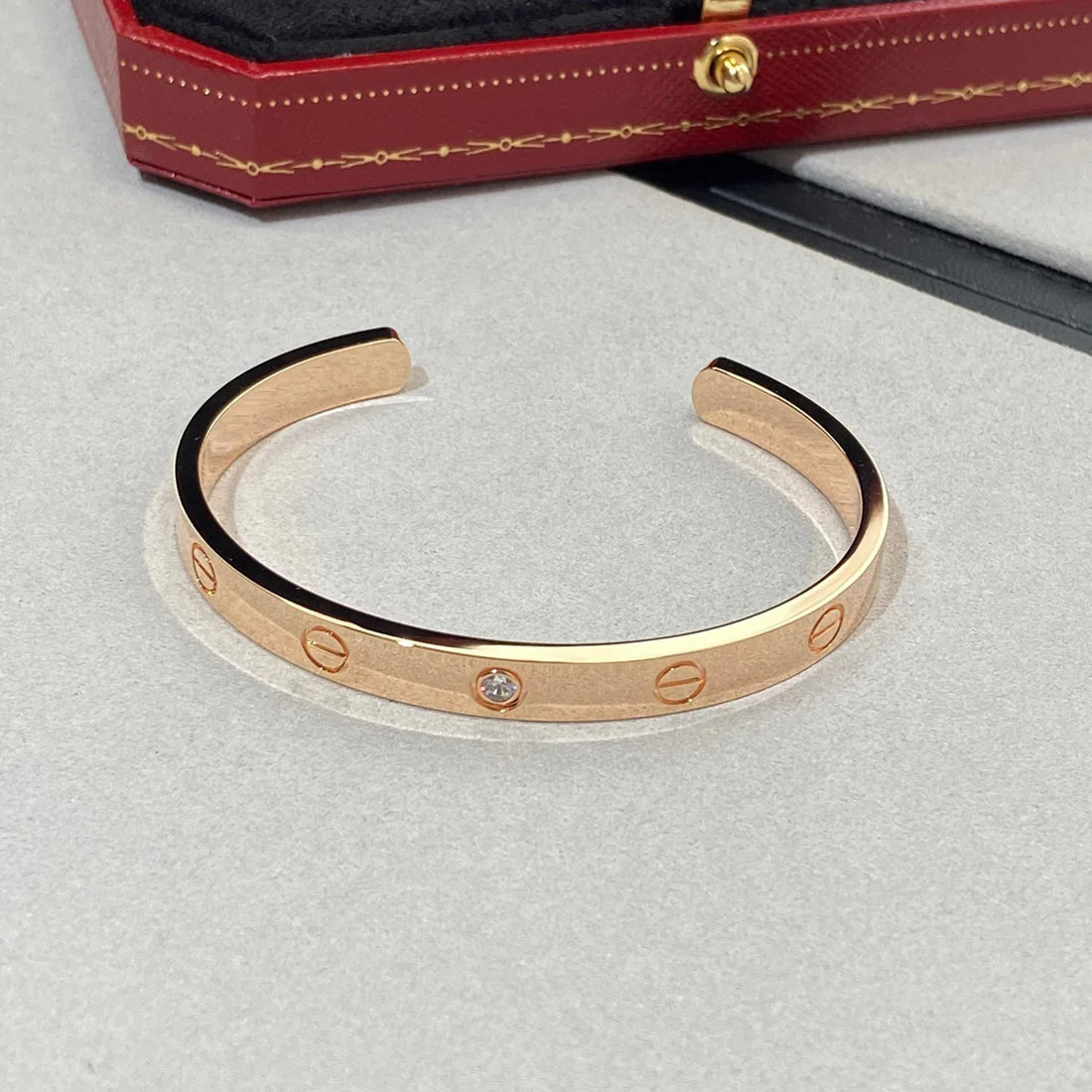 IMG_7008_5070109a-932b-486e-adee-672fbf17d24b.webp LOVE BRACELET 6.1MM 1 DIAMOND OPEN CUFF - 17, Rose Gold - Image 1