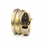 Branded Snake Watch, Black Watch Face, Pale Gold