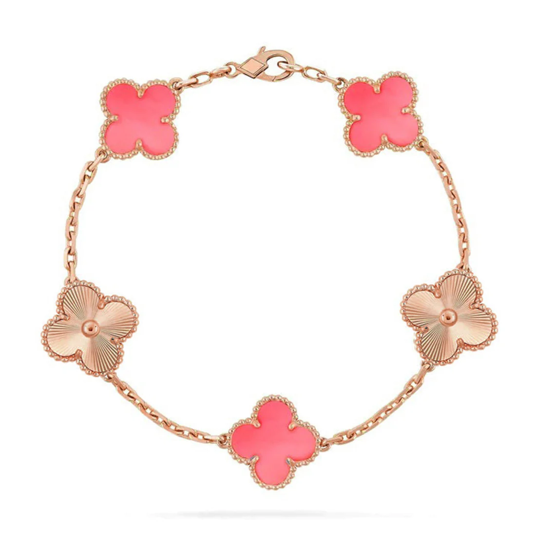 ce91685dbe997aea5d784442599c0215_c109bfa4-b330-48e7-8df8-26cb5612cb96.webp CLOVER 5 MOTIFS PINK MOP BRACELET COLLECTION - Rose-Laser, 19 - Image 1