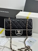QUILTED FLAP BAG WITH WHITE TRIM 19 IN BLACK LAMBSKIN - Image 9