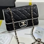 QUILTED FLAP BAG WITH WHITE TRIM 19 IN BLACK LAMBSKIN - Image 10