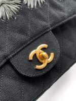 CHANEL 25S CLASSIC FLAP 26 CM IN GUNMETAL BLACK CANVAS EMBROIDERED MOTIF WITH GOLD HARDWARE - Image 11