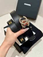 DOUBLE C BELT 30MM IN BLACK CALFSKIN GOLD BUCKLE WITH EMBOSSED CHECK PATTERN - Image 10