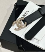 DOUBLE C BELT 30MM IN BLACK CALFSKIN GOLD BUCKLE WITH EMBOSSED CHECK PATTERN - Image 6