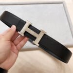 HM BELT BUCKLE & REVERSIBLE BLACK LEATHER STRAP 38 MM SILVER HARDWARE - Image 5
