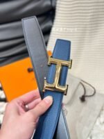 HM 5382 BELT GOLD BUCKLE & REVERSIBLE NAVY BLUE LEATHER STRAP 38MM - Image 11
