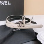 DOUBLE C BELT 20MM IN WHITE CALFSKIN WITH QUILTED STITCHING SPIRAL SILVER BUCKLE - Image 2