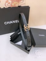 DOUBLE C BELT 20MM IN BLACK CALFSKIN WITH QUILTED STITCHING AND SPIRAL GOLD BUCKLE - Image 8