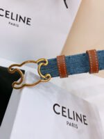 CELINE 25S BELT TRIOMPHE TAURILLON 25MM IN BROWN CALFSKIN AND DENIM 558351 - Image 9