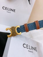 CELINE 25S BELT TRIOMPHE TAURILLON 25MM IN BROWN CALFSKIN AND DENIM 558355 - Image 9