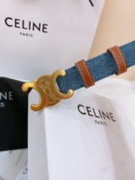 CELINE 25S BELT TRIOMPHE TAURILLON 25MM IN BROWN CALFSKIN AND DENIM 558357 - Image 3